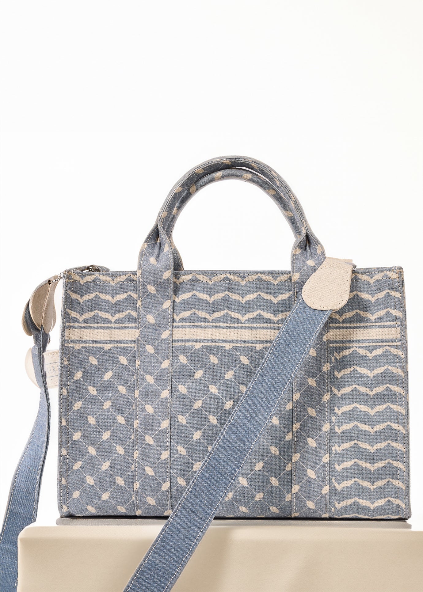 Slate Blue and Cream Keffiyeh Pattern Tote Carried in Hand