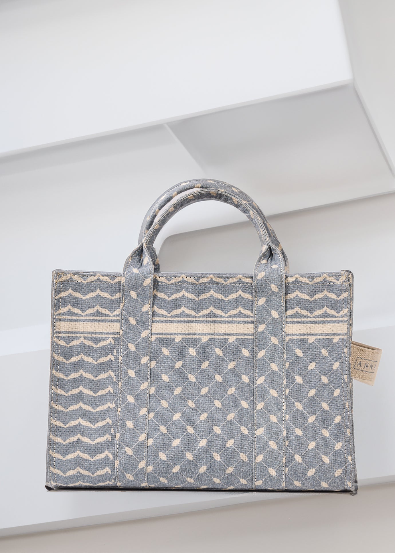 Slate Blue and Cream Keffiyeh Pattern Tote Top View