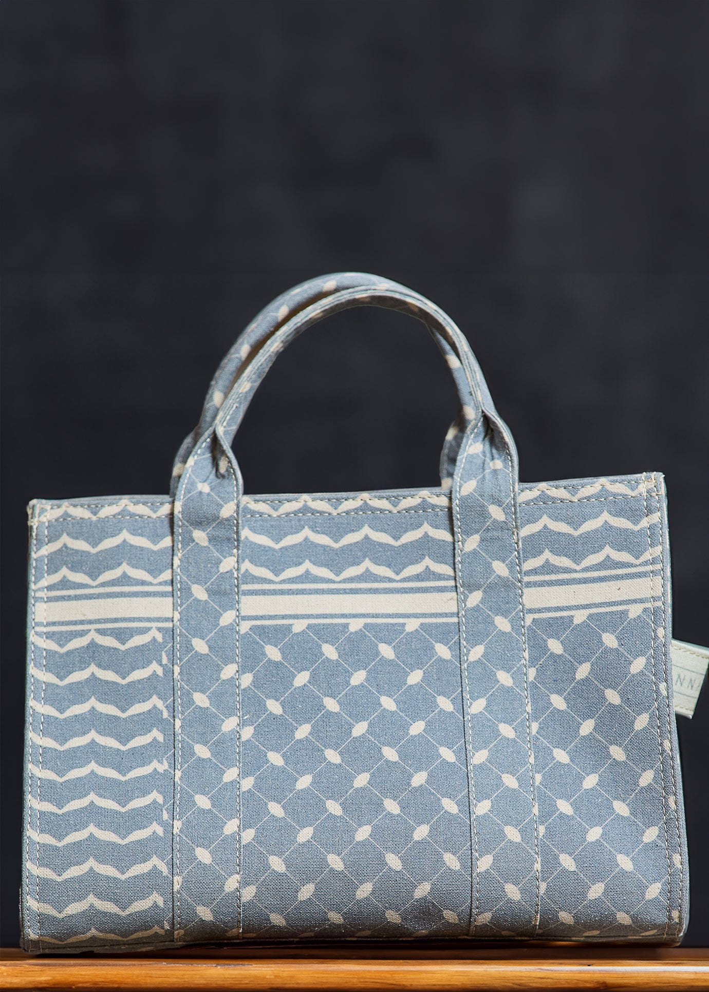 Slate Blue and Cream Keffiyeh Pattern Tote with Adjustable Strap