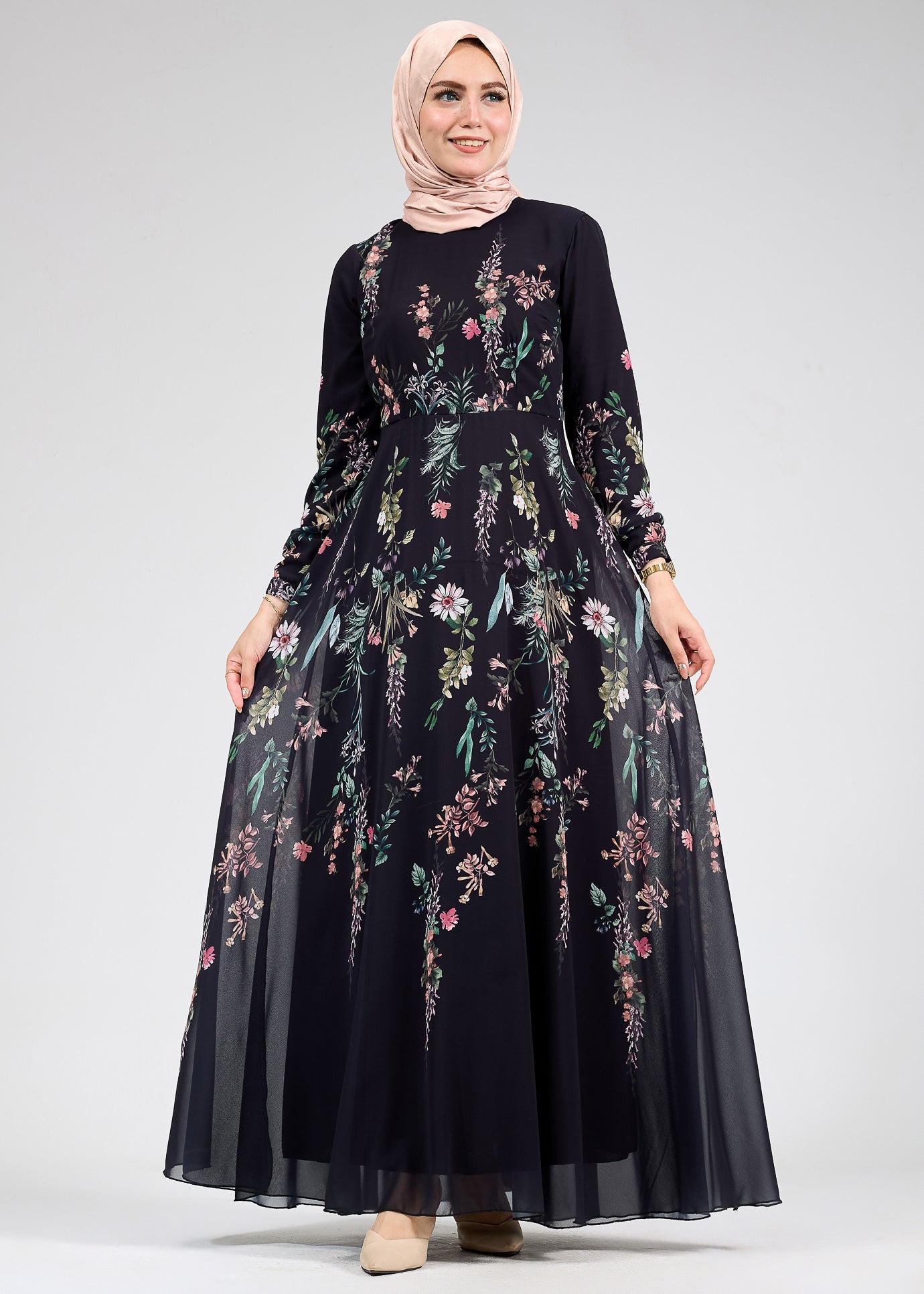 Back view of Sophia Floral Print Chiffon Long Sleeve Maxi Dress
