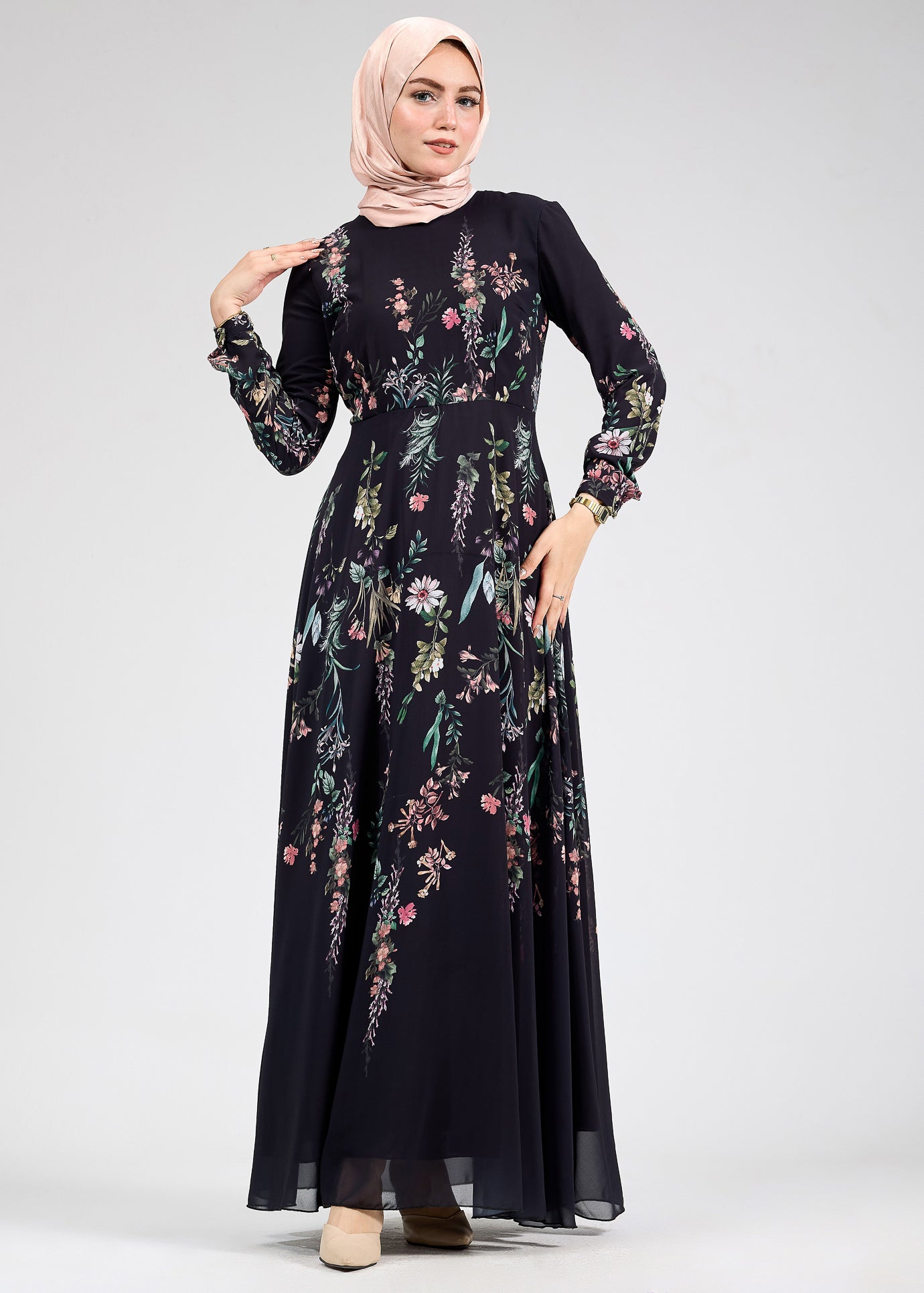 Close-up view of Sophia Floral Print Chiffon Maxi Dress