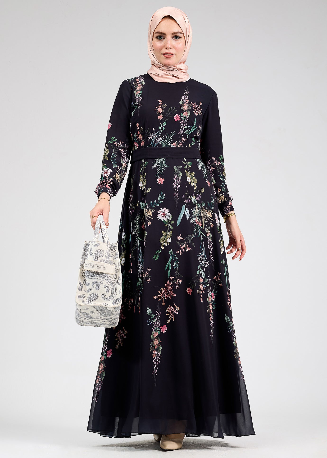 Front view of Sophia Floral Print Chiffon Long Sleeve Maxi Dress