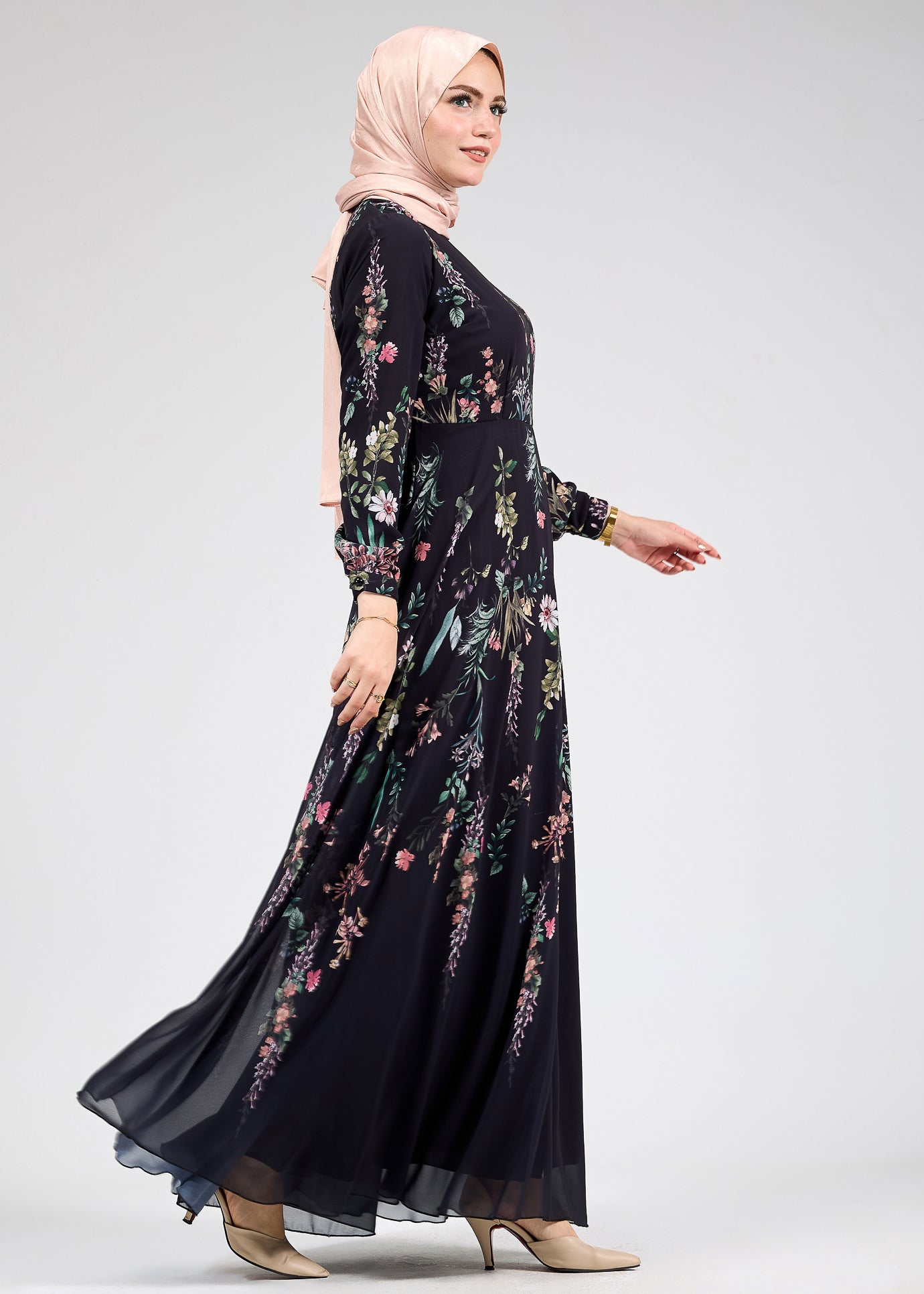 Front view of Sophia Floral Print Chiffon Long Sleeve Maxi Dress