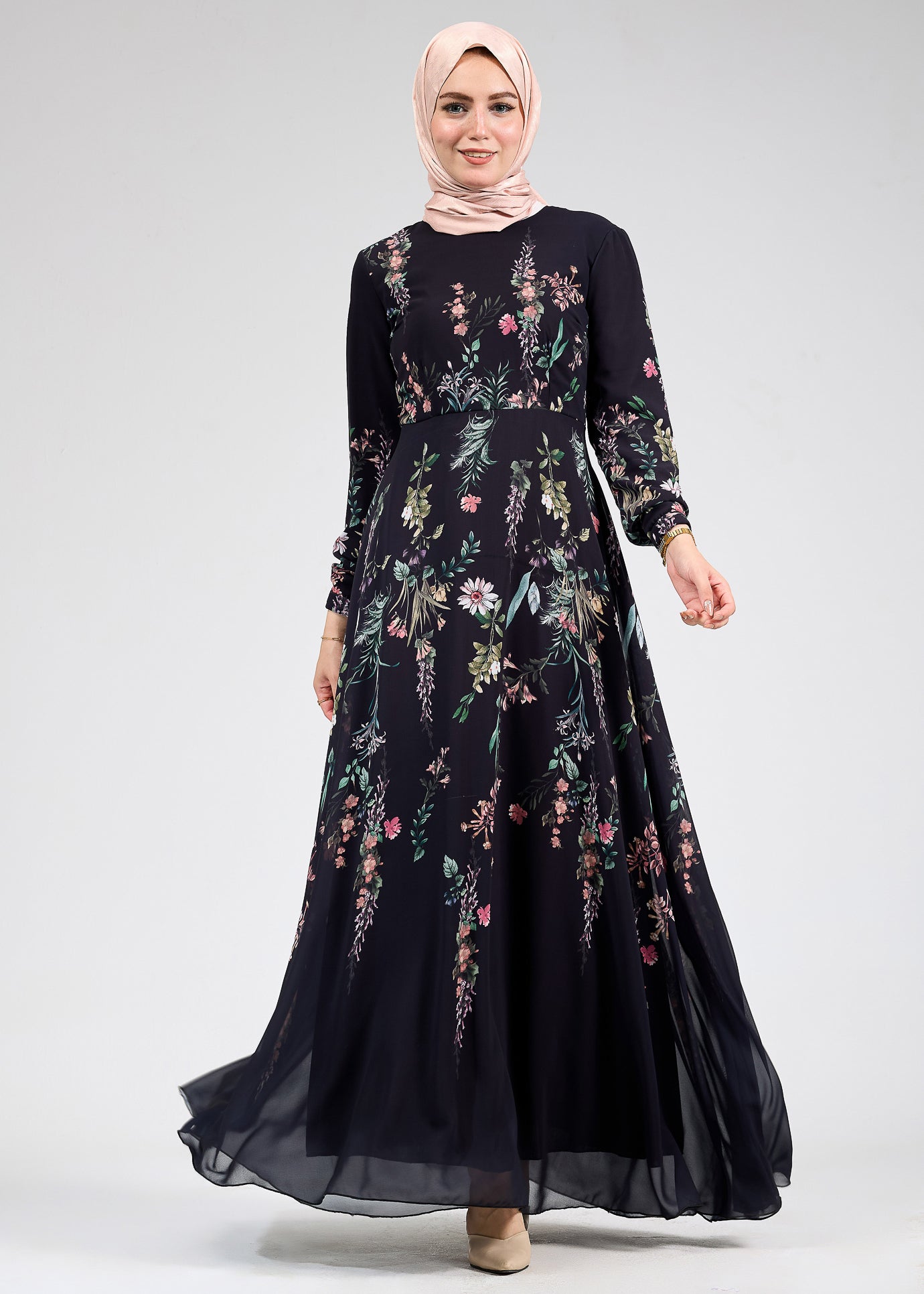 Modest look of Sophia Floral Print Chiffon Long Sleeve Maxi Dress