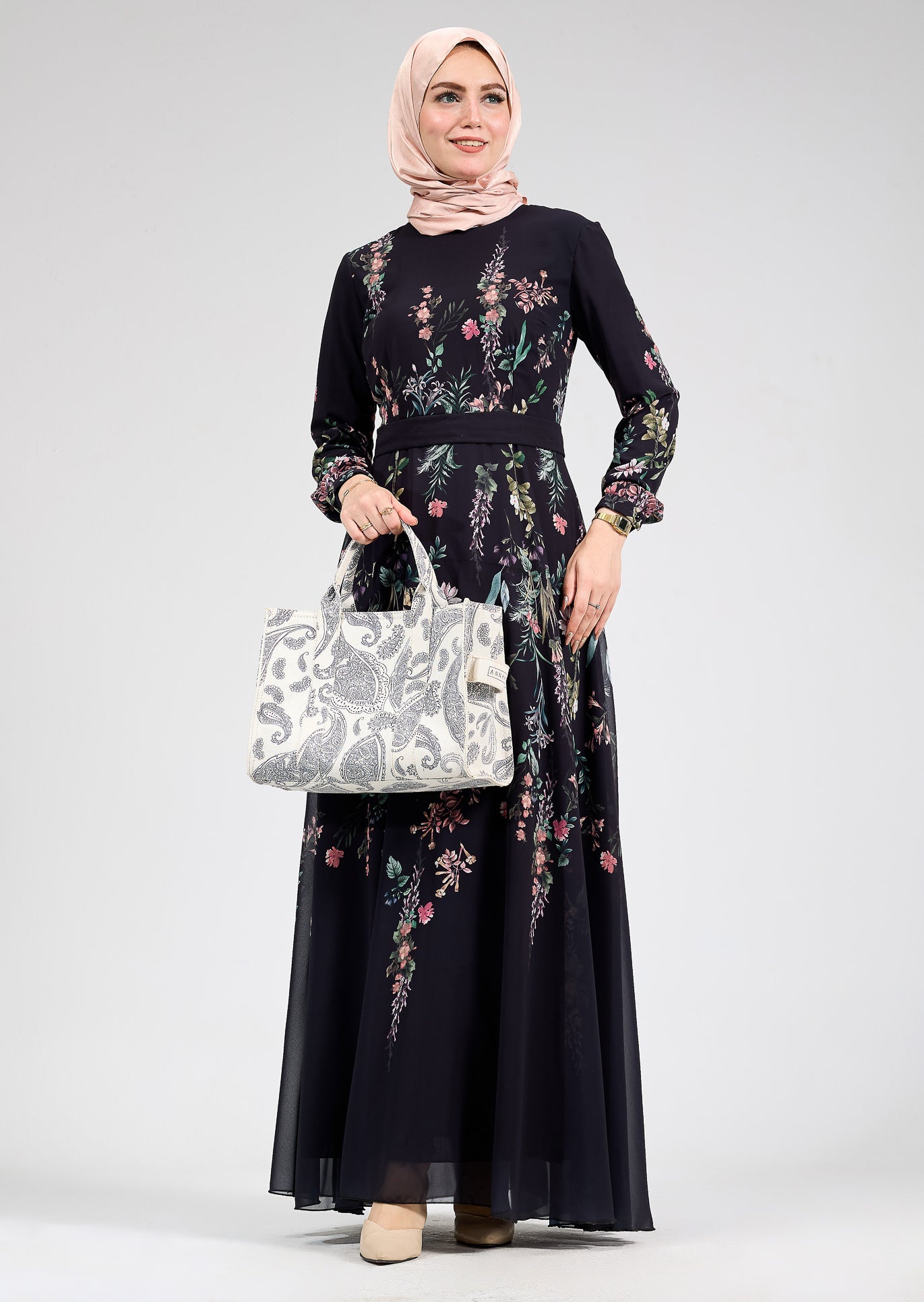 Side view of Sophia Floral Print Chiffon Long Sleeve Maxi Dress