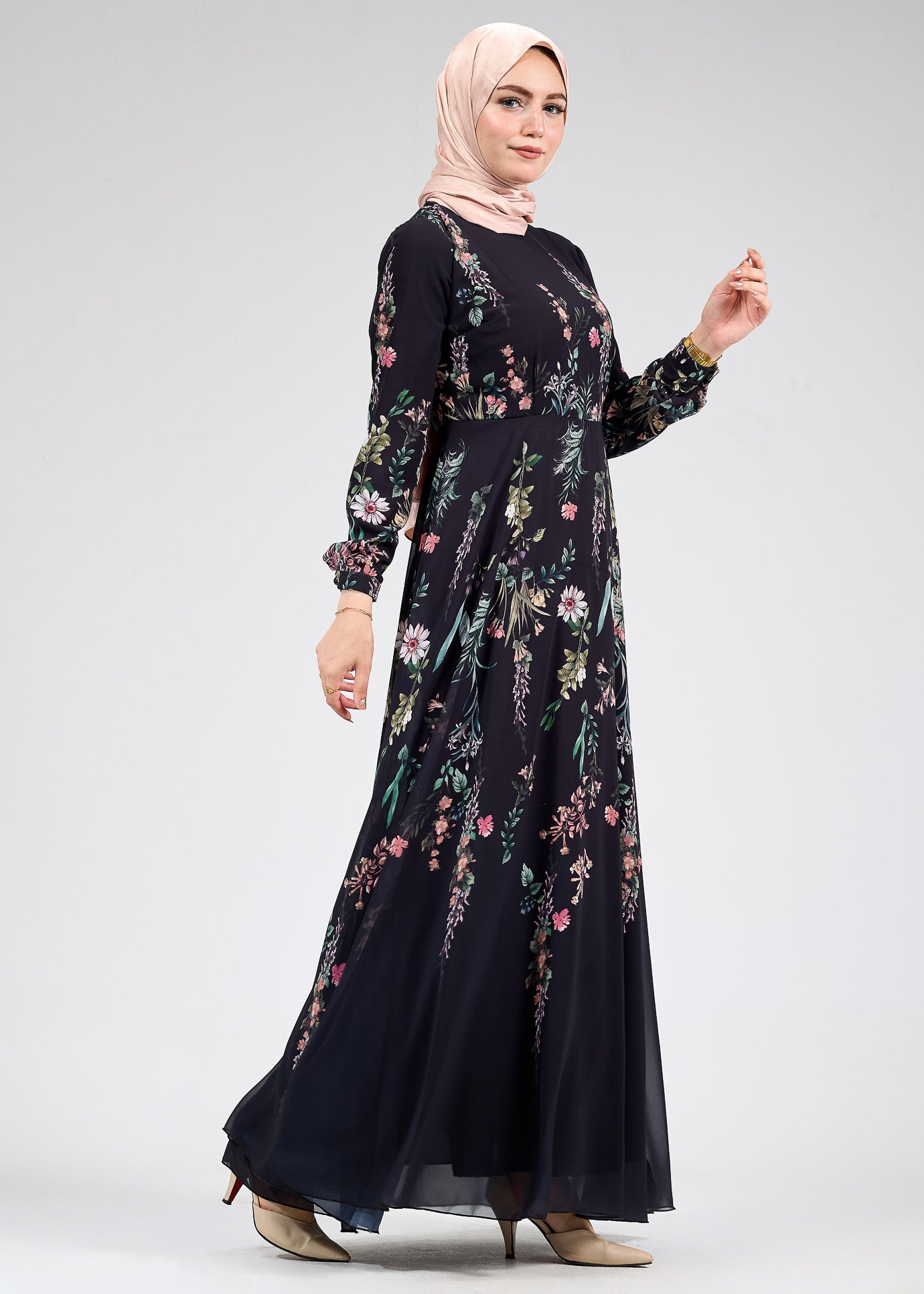 Side view of Sophia Floral Print Chiffon Long Sleeve Maxi Dress