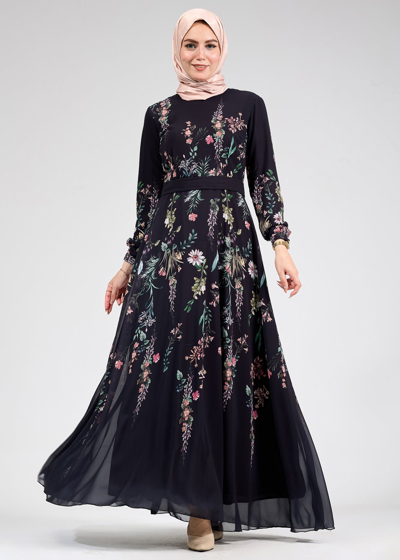 Sleeve details on Sophia Floral Print Chiffon Long Sleeve Maxi Dress