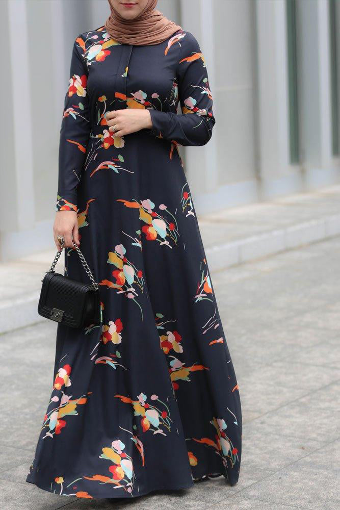 Full-length view of the Elegant Floral Long-Sleeve Maxi Dress