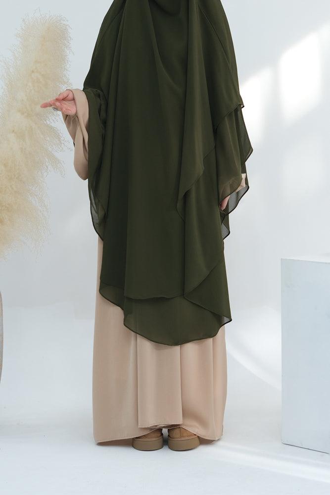 Side view of two-layer chiffon scarf in olive green