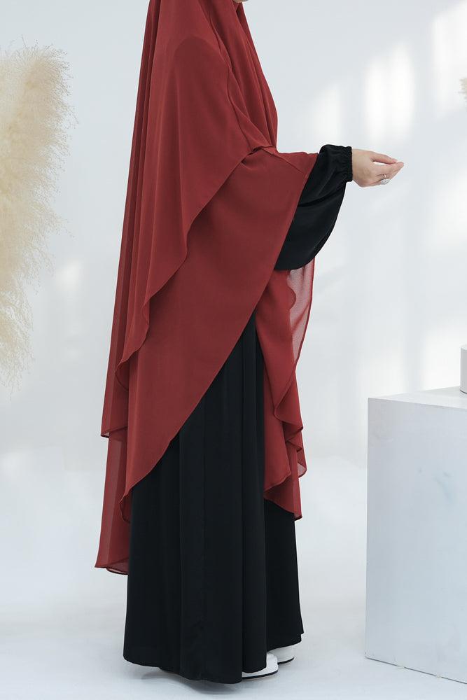 Model wearing extra-long red chiffon two-layer headscarf