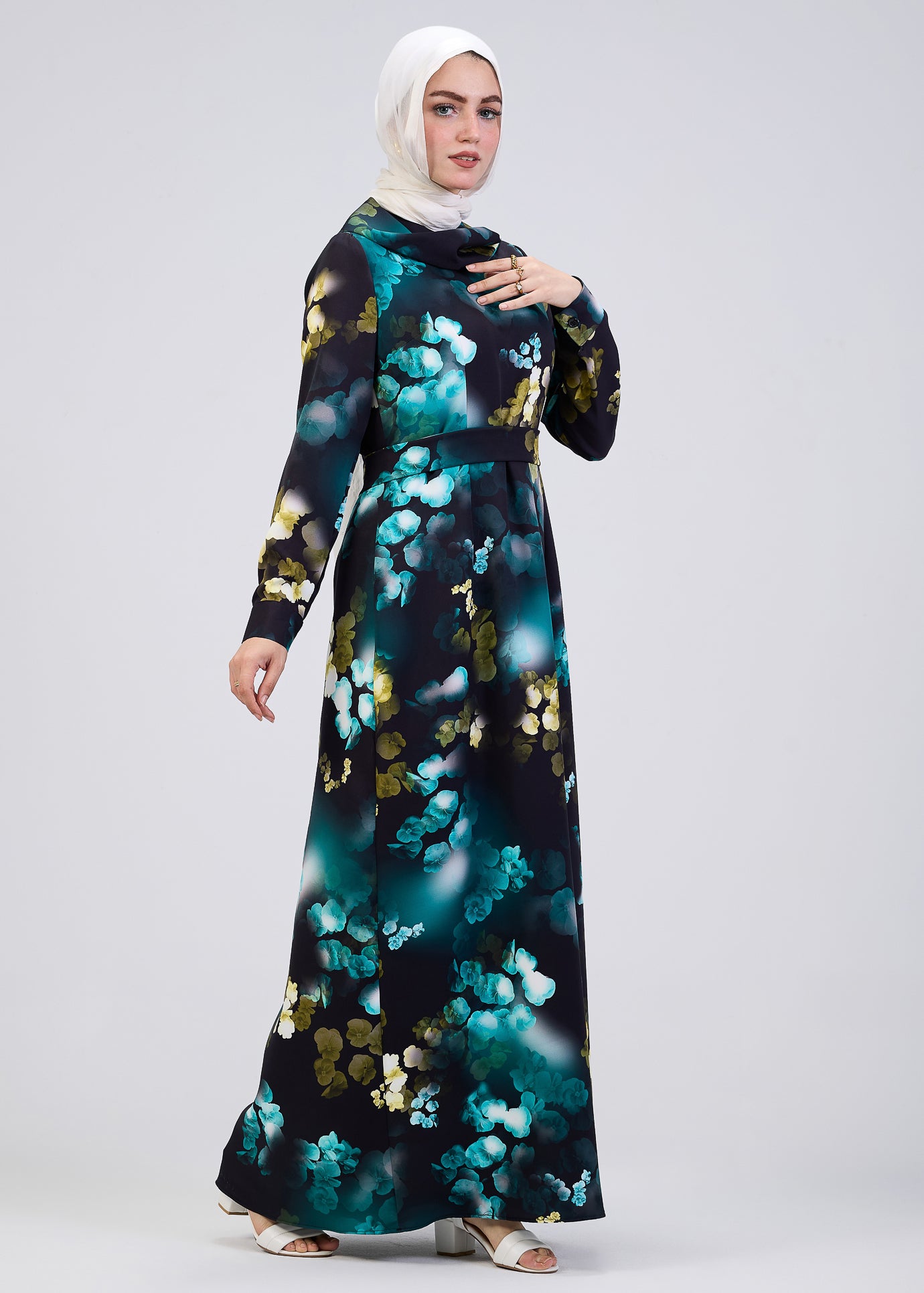 Belted waist detail of Vibrant Floral Maxi Dress