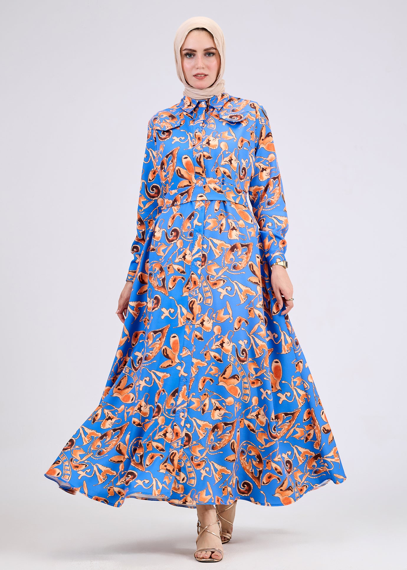 Flowing silhouette of vibrant modest crepe dress