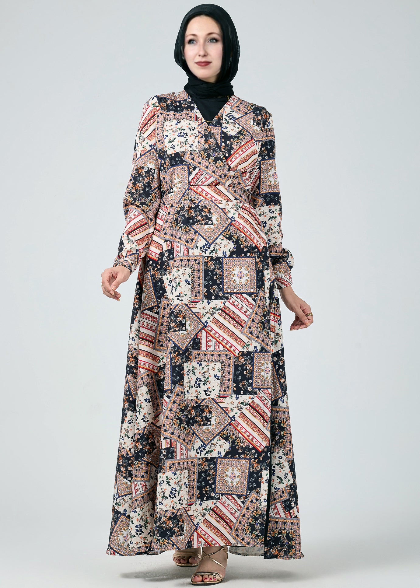 Cuffed sleeve detail of the Vienna Mosaic Printed Wrap Maxi Dress