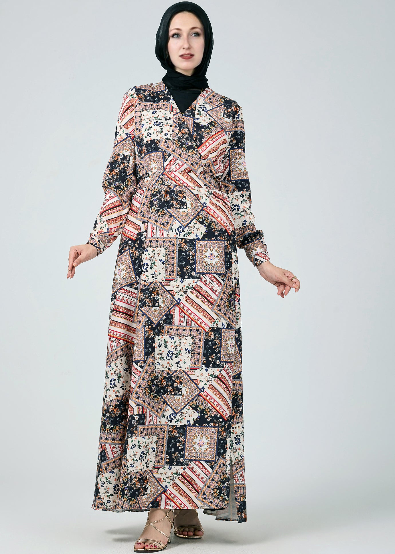 Side view showcasing the design of the Vienna Mosaic Printed Wrap Maxi Dress