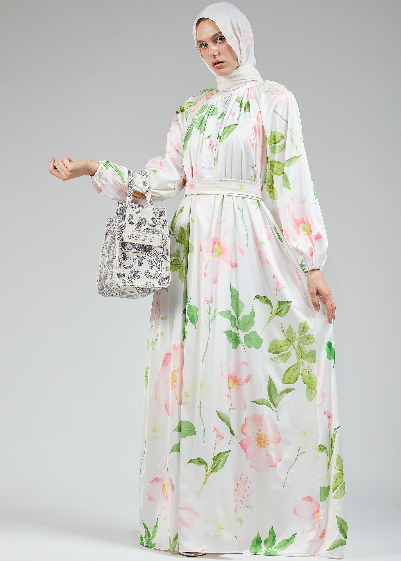 White floral satin maxi dress with long sleeves and belt