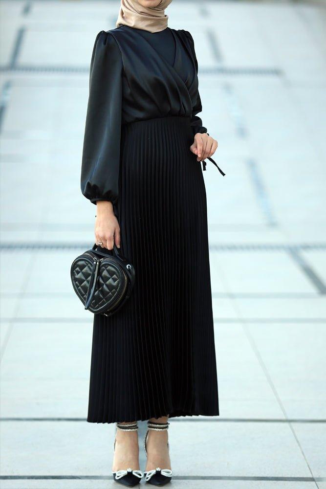 Abigal satin pleated long sleeve maxi dress with wrap waist in black ANNAH HARIRI