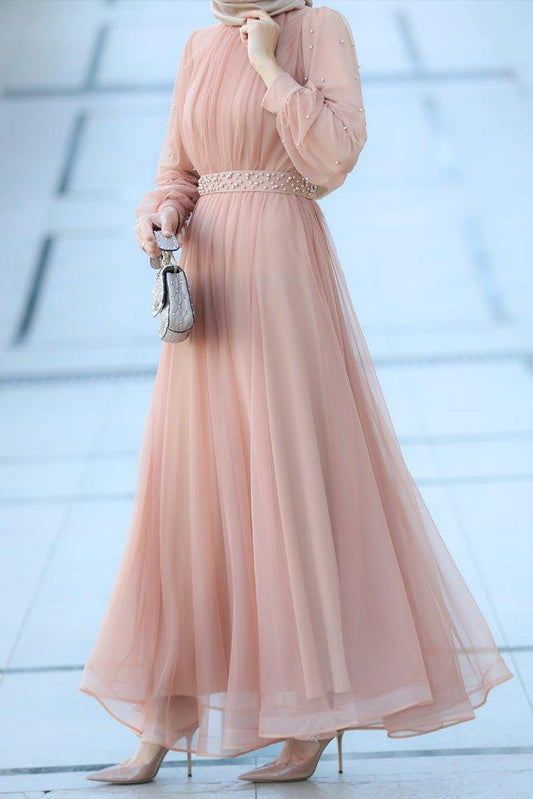 Amerie maxi tulle dress with long sleeve in beige - ANNAH HARIRI