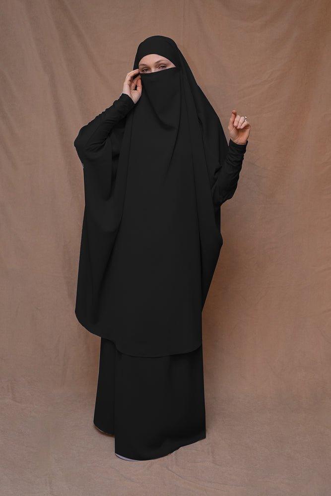 Black Moira prayer Umrah gown with niqab feature - ANNAH HARIRI