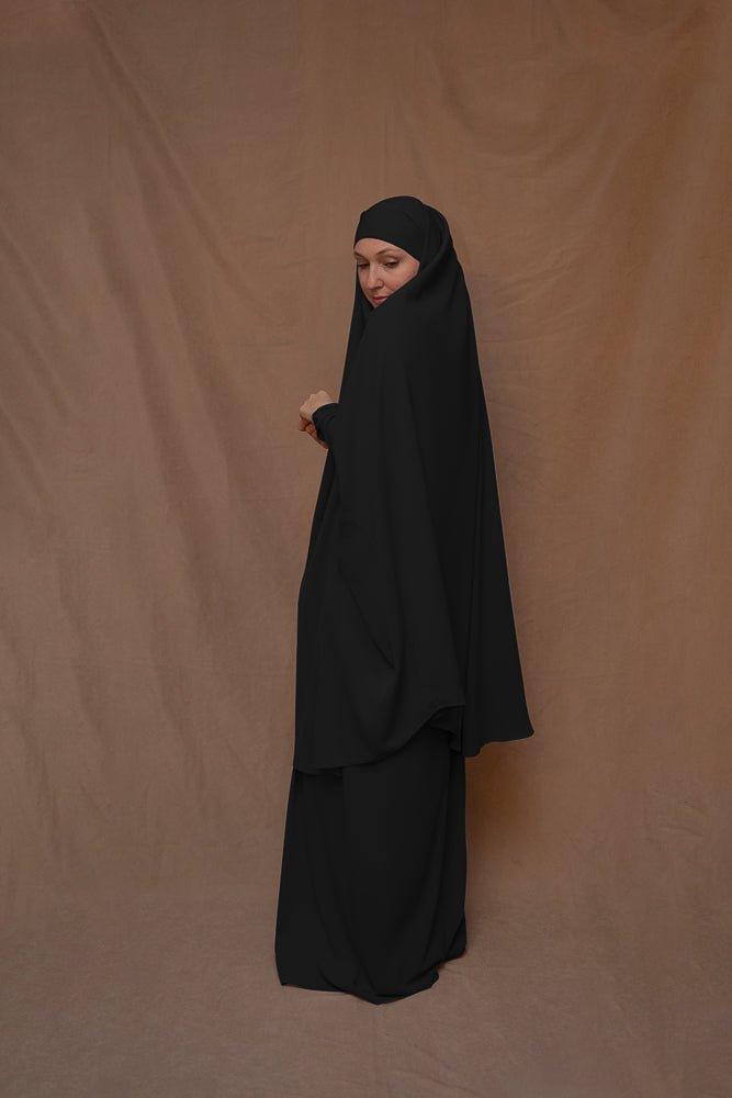 Black Moira prayer Umrah gown with niqab feature - ANNAH HARIRI