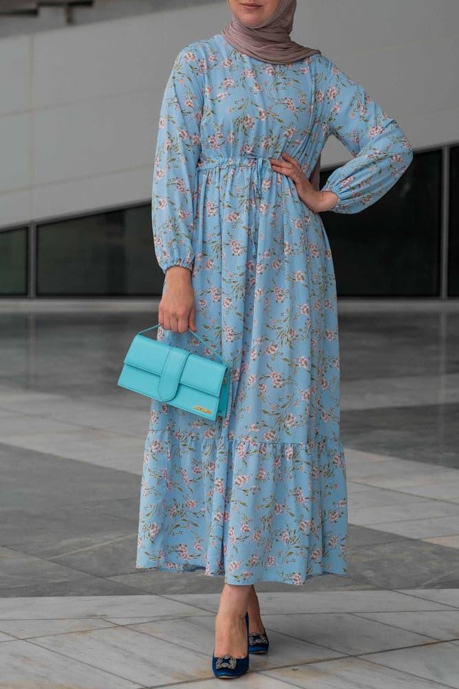 Close-up of floral pattern on Blossom Blue Floral Maxi Dress