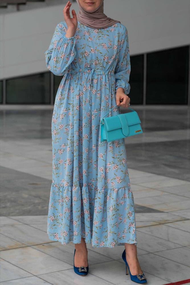 Elasticated sleeves on Blossom Blue Floral Maxi Dress