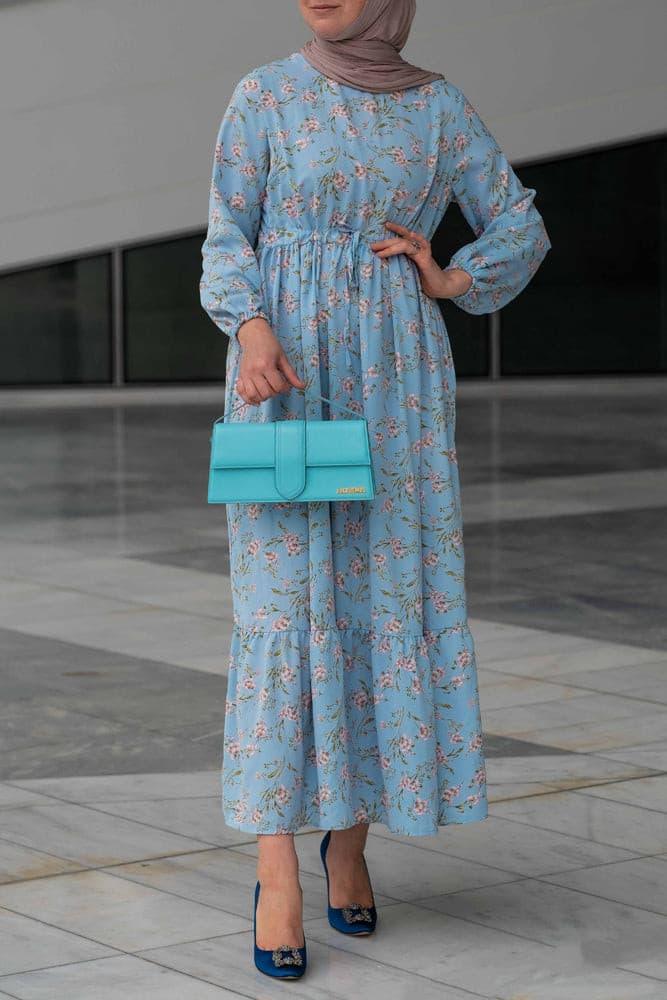 Side view of Blossom Blue Floral Maxi Dress