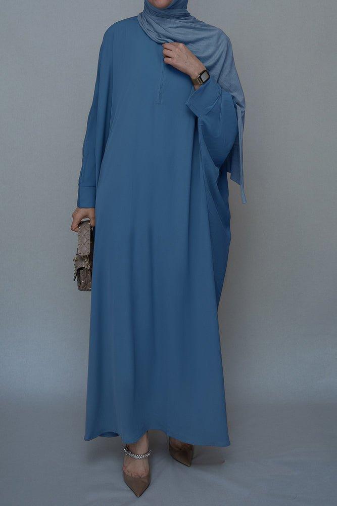 Side view of Blue Batwing Sleeve Dress showcasing flowy design