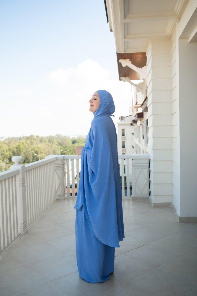 Blue Calinia prayer gown two piece set khimar for omrah - ANNAH HARIRI