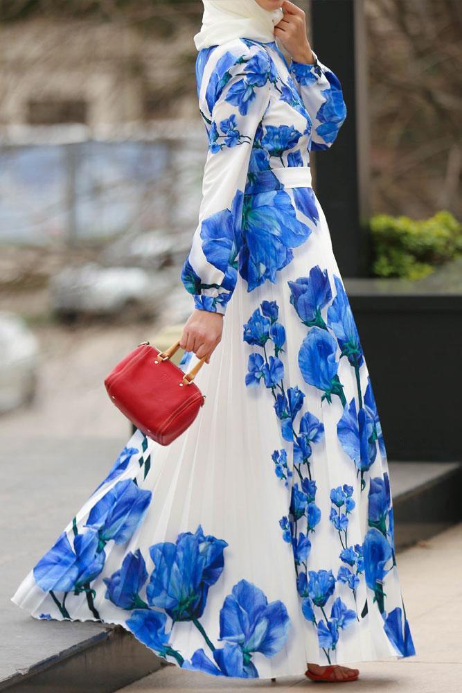 Modest Blue Diamond Maxi Dress with Sleeves Pleated Skirt