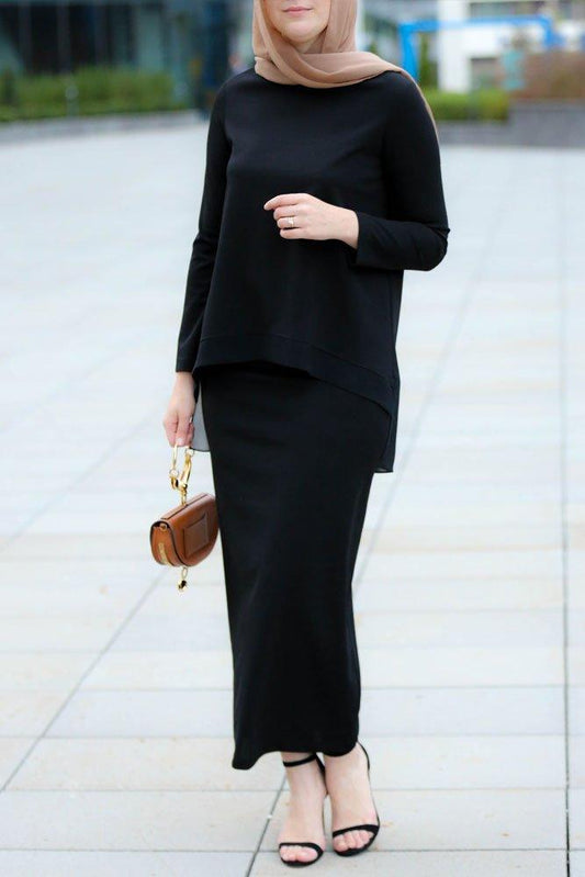 Front view of Classic Modest Set with black pencil skirt and tunic