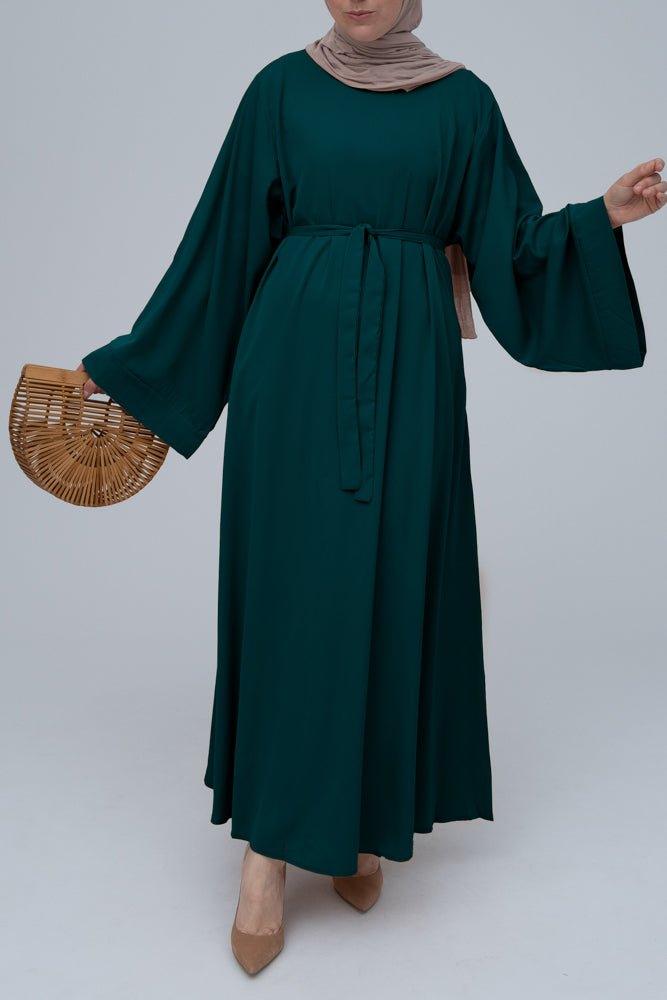 Dark Green Fareeda nude basic abaya dress with kimono sleeve in maxi length - ANNAH HARIRI