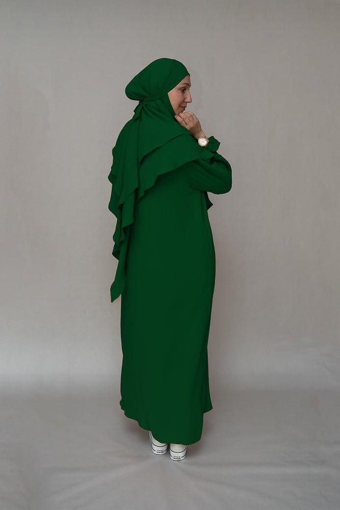 Neckline of the dark green modest dress by Annah Hariri