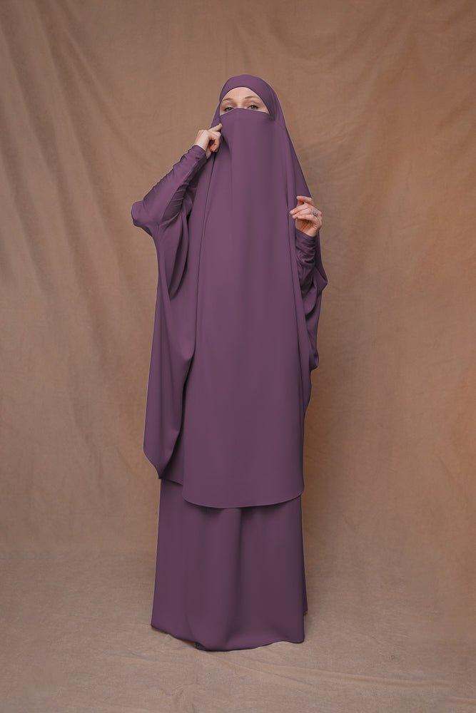 Dark Purple Moira prayer Umrah gown with niqab feature - ANNAH HARIRI