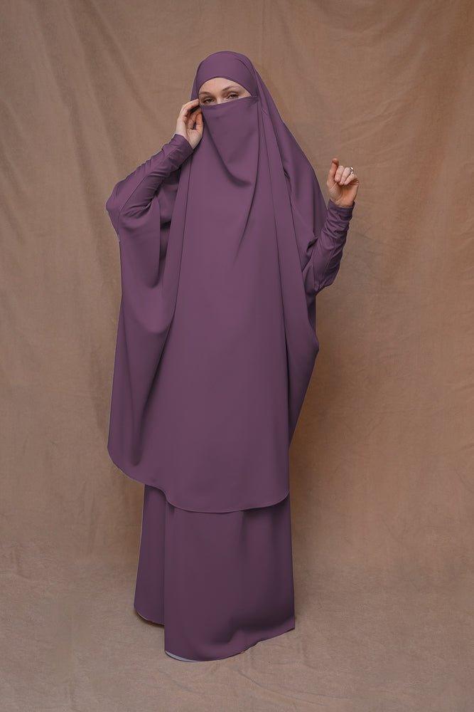 Dark Purple Moira prayer Umrah gown with niqab feature - ANNAH HARIRI