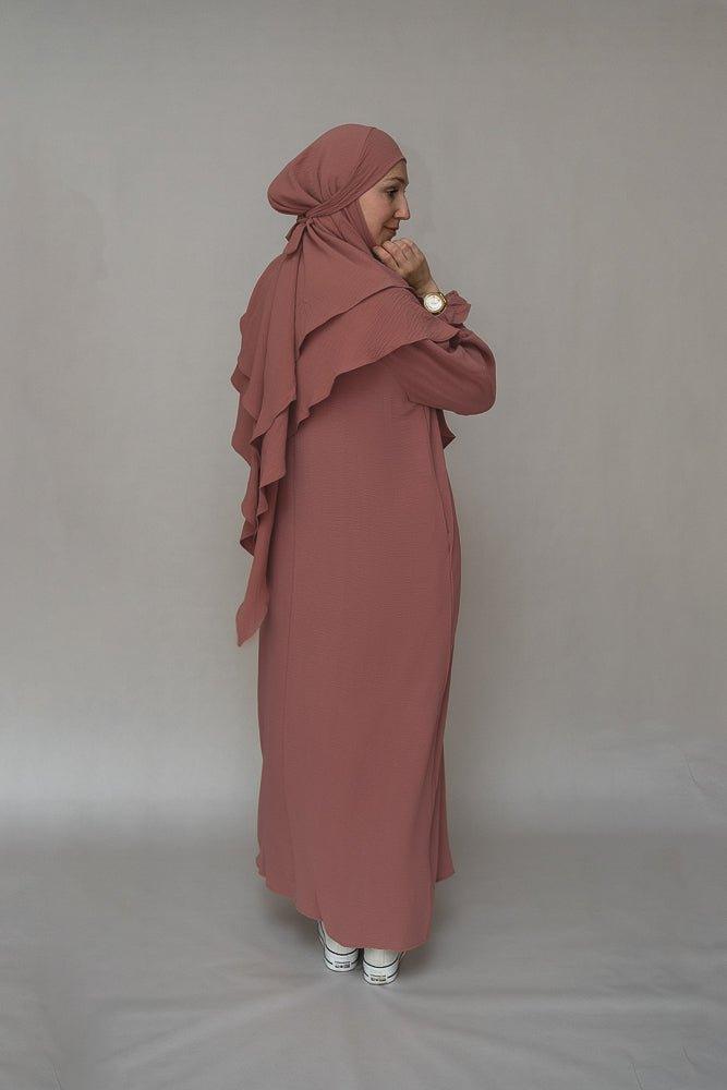 Modest round neckline on Dusty Pink Maxi Dress