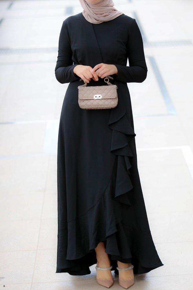 Full-length view of the Elegant Black Ruffle Maxi Dress