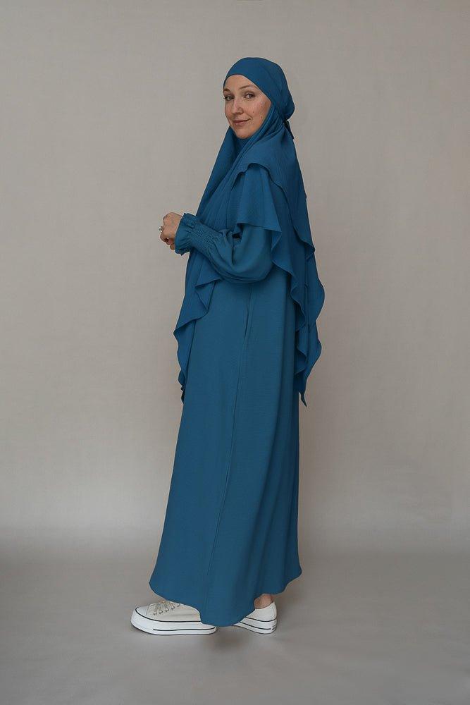 Front view of elegant blue A-cut non-wrinkling dress