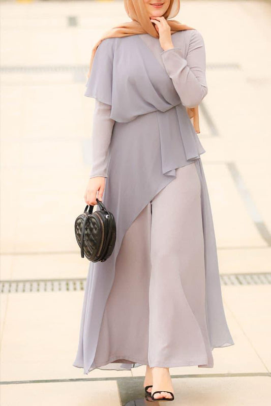 Front view of the elegant palazzo jumpsuit with chiffon skirt