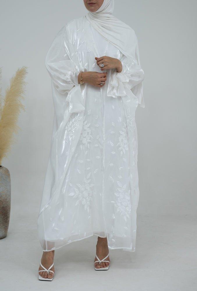 Evva embroidered white faux organza abaya throw over with bow sleeves - ANNAH HARIRI