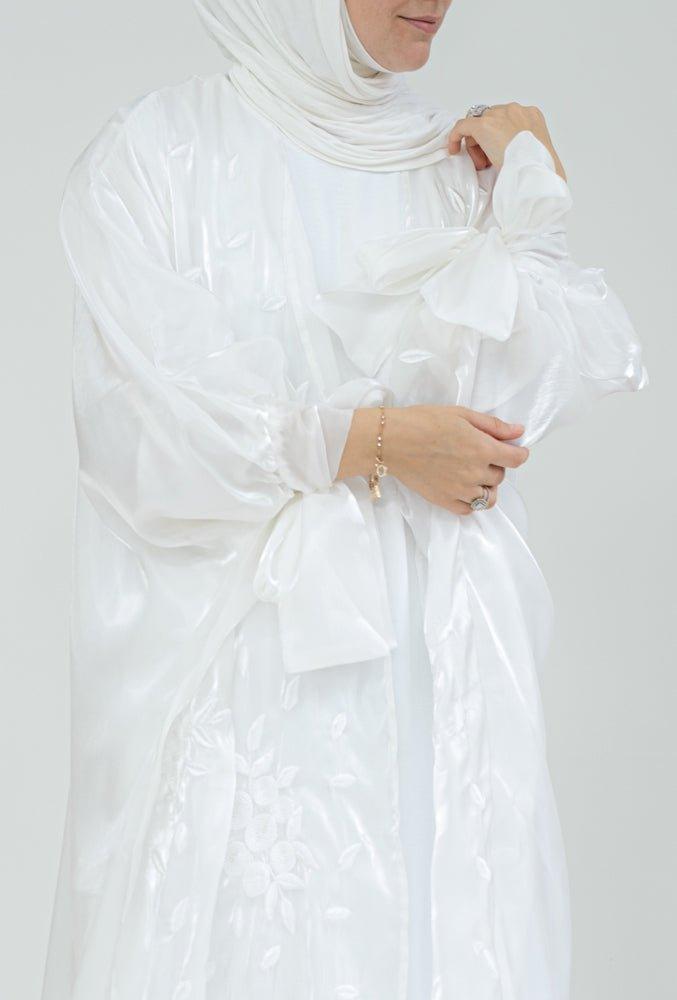 Evva embroidered white faux organza abaya throw over with bow sleeves - ANNAH HARIRI