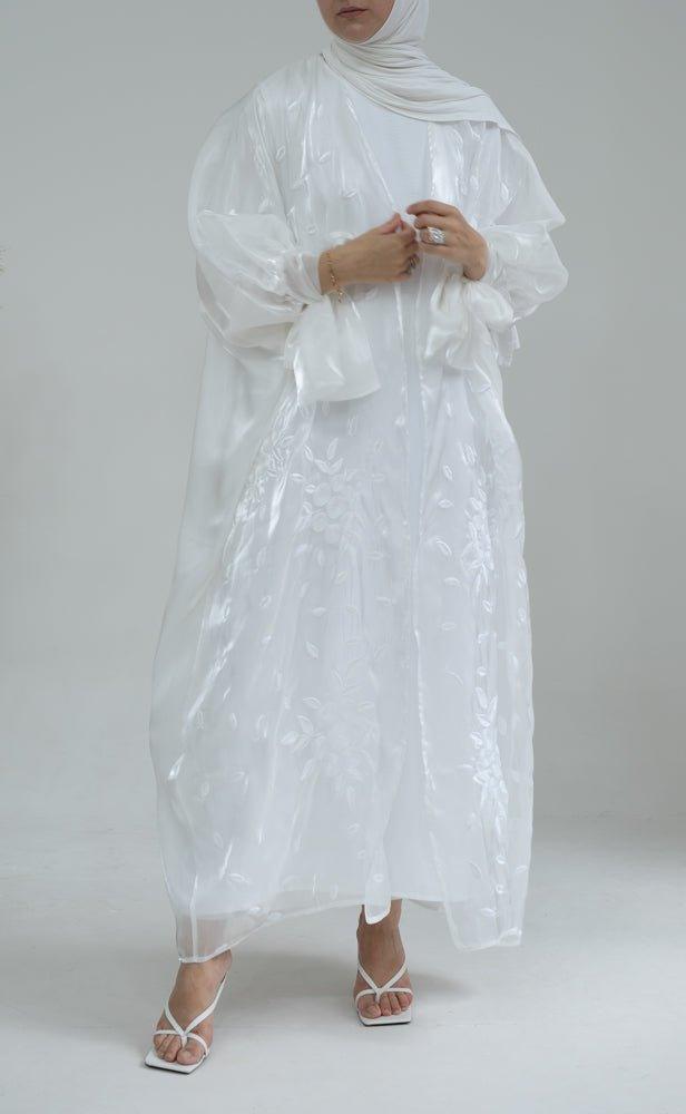 Evva embroidered white faux organza abaya throw over with bow sleeves - ANNAH HARIRI