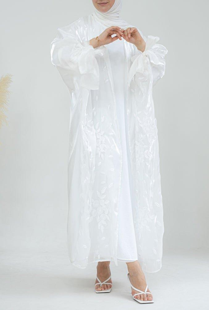 Evva embroidered white faux organza abaya throw over with bow sleeves - ANNAH HARIRI