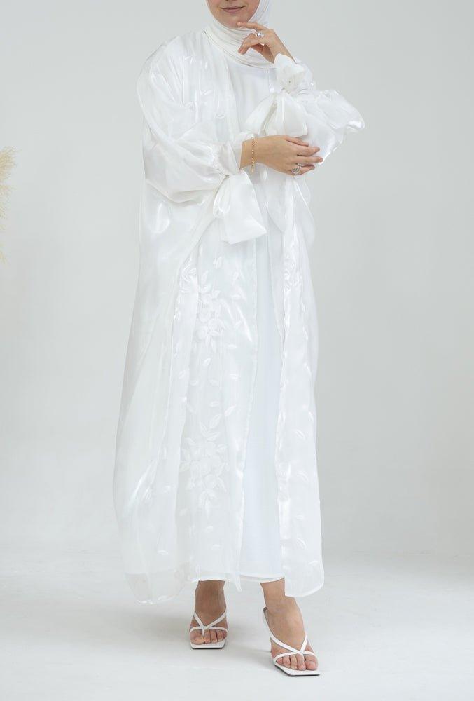 Evva embroidered white faux organza abaya throw over with bow sleeves - ANNAH HARIRI