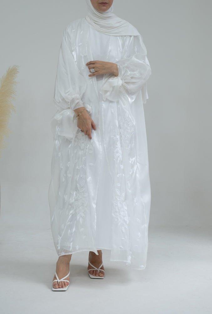 Evva embroidered white faux organza abaya throw over with bow sleeves - ANNAH HARIRI