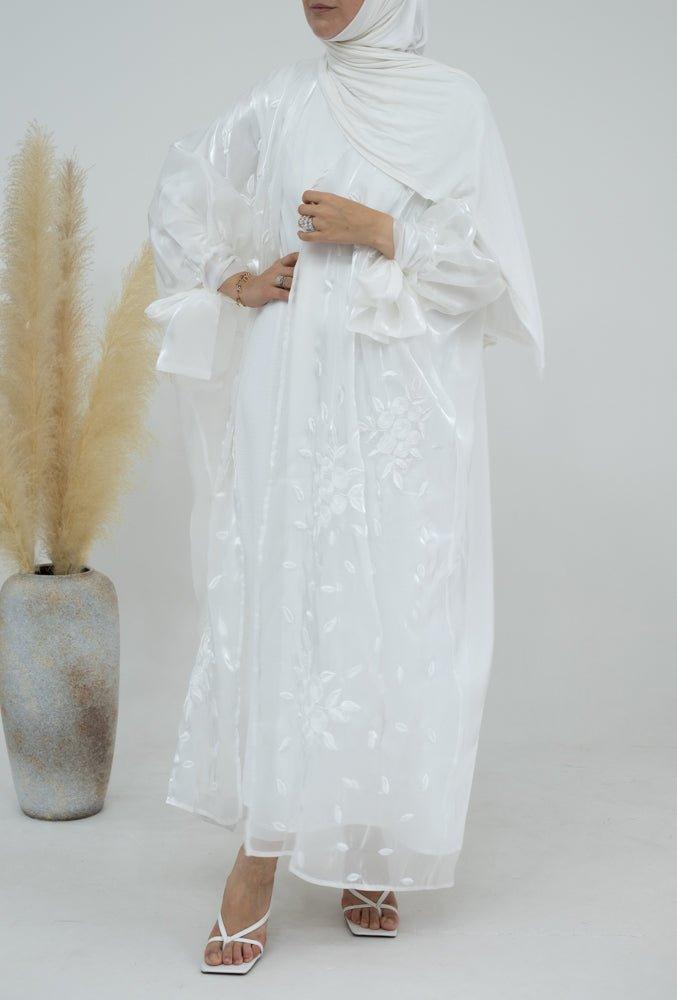 Evva embroidered white faux organza abaya throw over with bow sleeves - ANNAH HARIRI