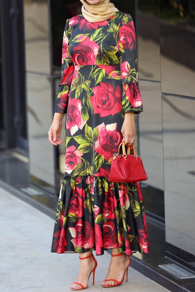 Back view of Floral Elegance Ruffle Dress showcasing the zip closure