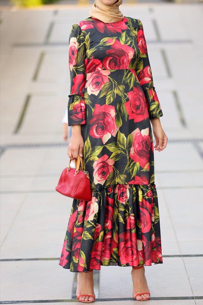 Front view of Floral Elegance Ruffle Dress with red roses on black satin