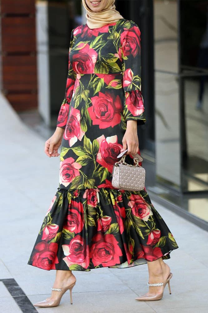 Side view of Floral Elegance Ruffle Dress highlighting the ruffle details