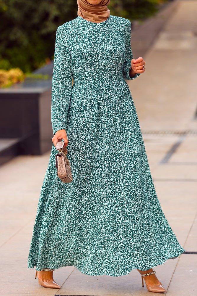 Floral-print cotton maxi dress in green with long sleeve - ANNAH HARIRI