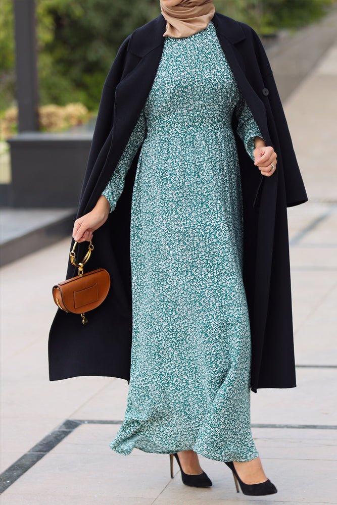 Floral-print cotton maxi dress in green with long sleeve - ANNAH HARIRI